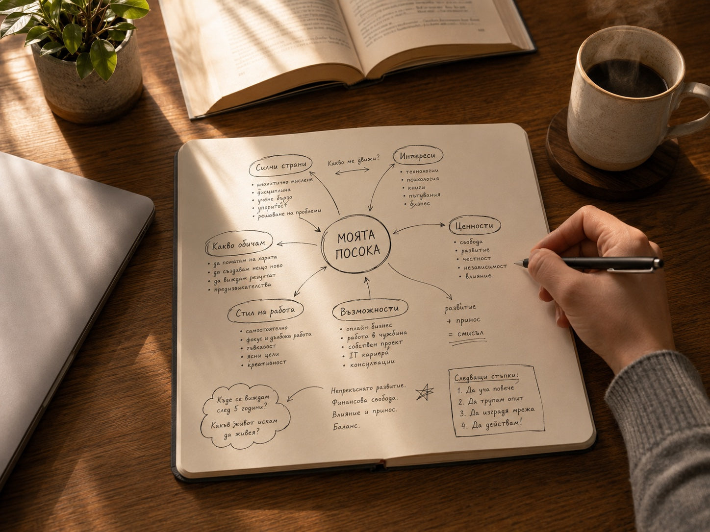 Ръчно нарисуван mind map на бюро - процесът на кариерна ориентация