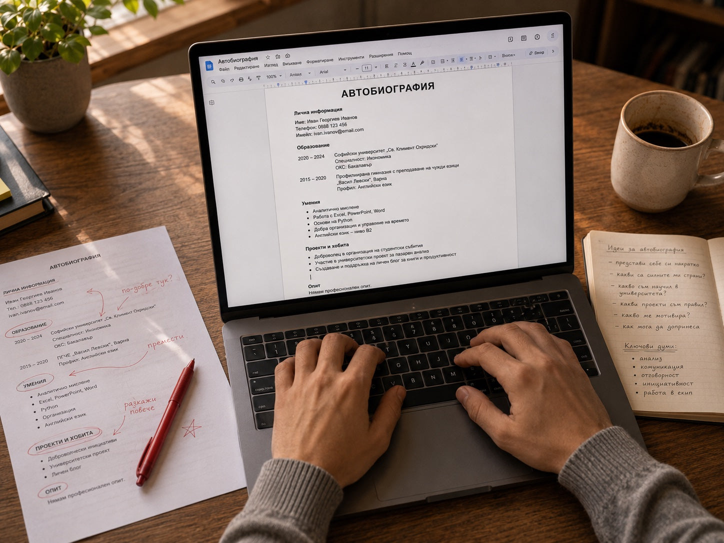Активно пишене на CV в Google Docs с червено-маркиран референс отстрани